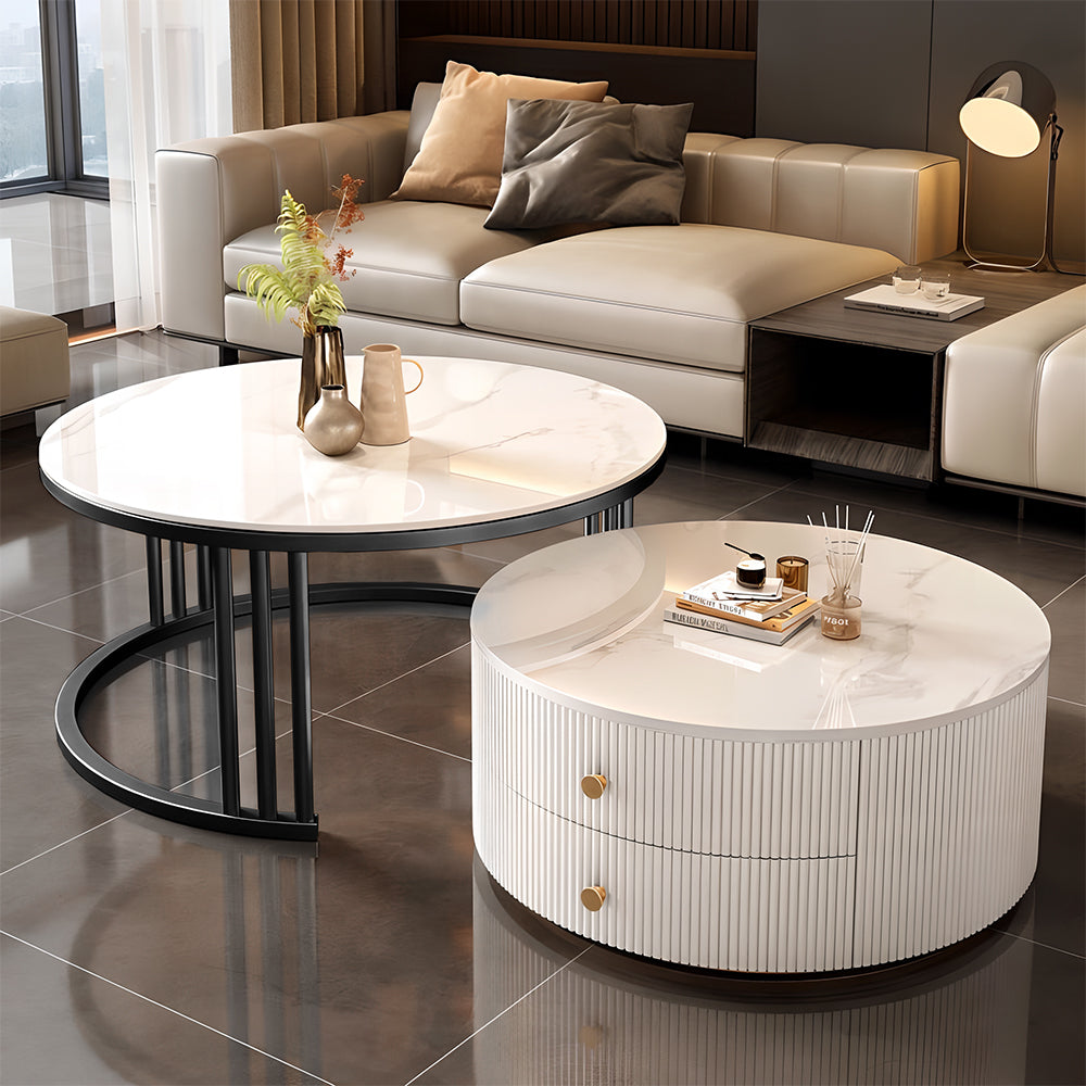 Eeeza Modern Nesting Coffee Table Set with Sintered Stone Top & Hidden Storage