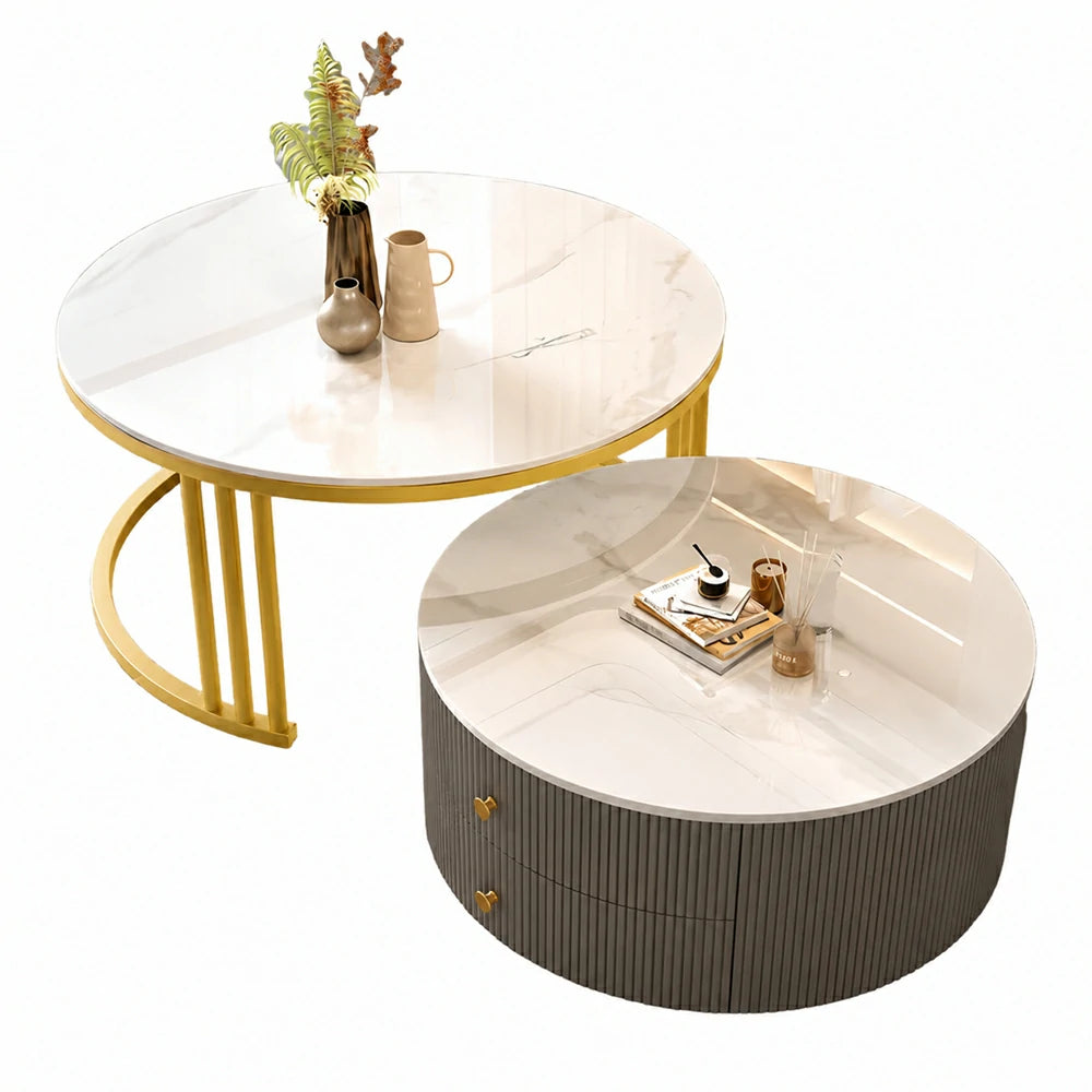 Eeeza Modern Nesting Coffee Table Set with Sintered Stone Top & Hidden Storage