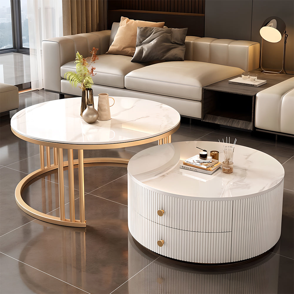 Eeeza Modern Nesting Coffee Table Set with Sintered Stone Top & Hidden Storage