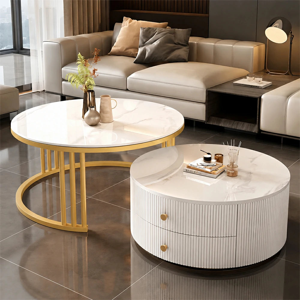 Eeeza Modern Nesting Coffee Table Set with Sintered Stone Top & Hidden Storage
