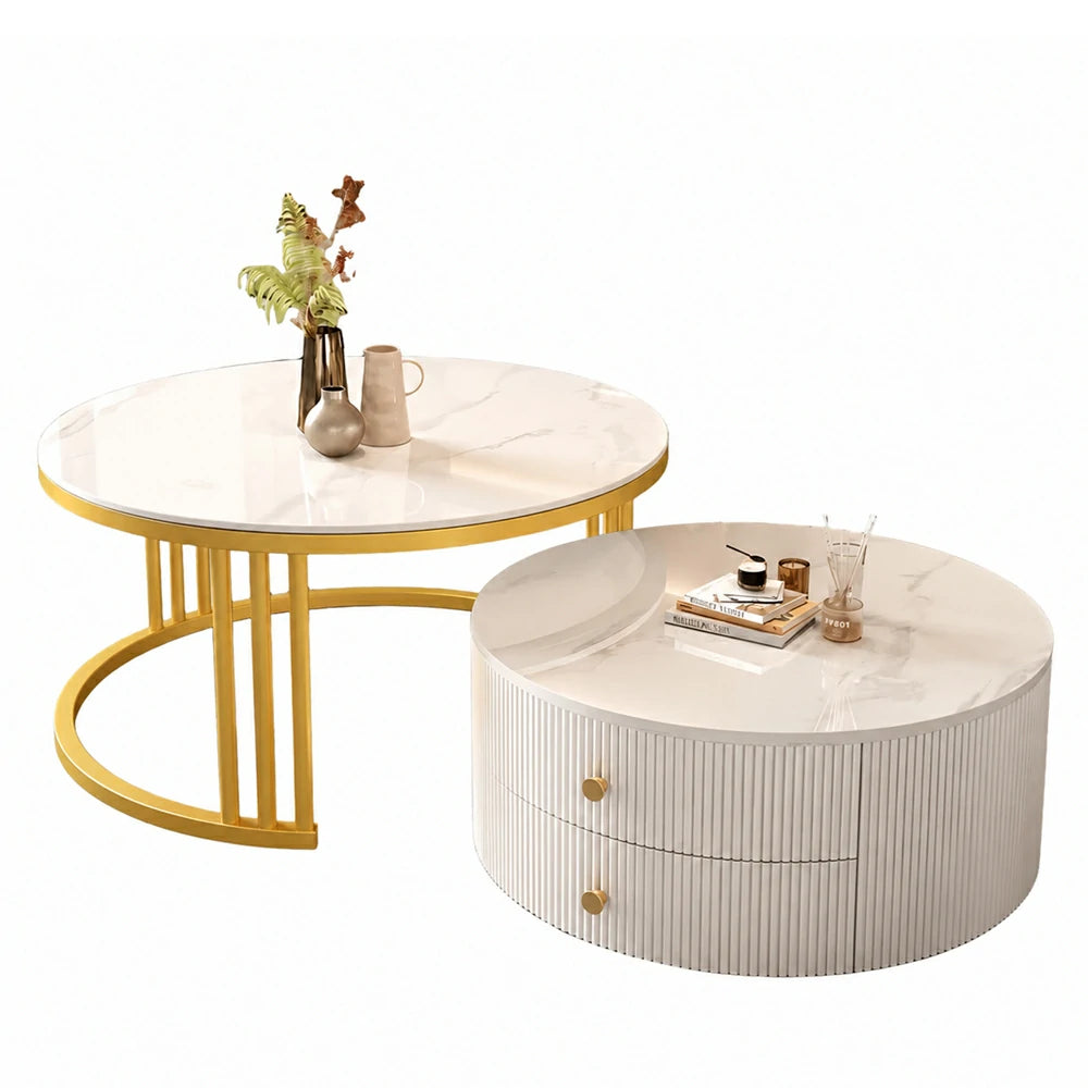 Eeeza Modern Nesting Coffee Table Set with Sintered Stone Top & Hidden Storage