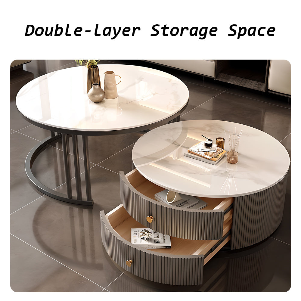 Eeeza Modern Nesting Coffee Table Set with Sintered Stone Top & Hidden Storage