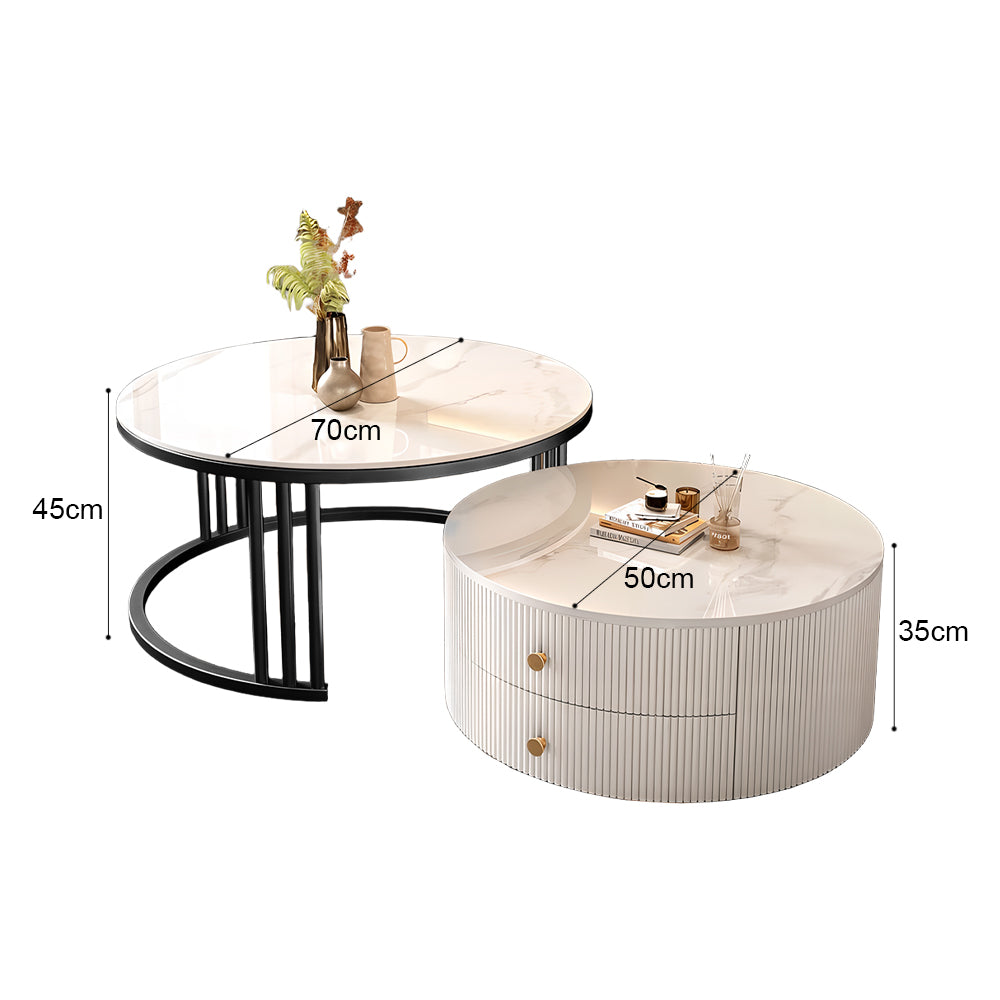 Eeeza Modern Nesting Coffee Table Set with Sintered Stone Top & Hidden Storage