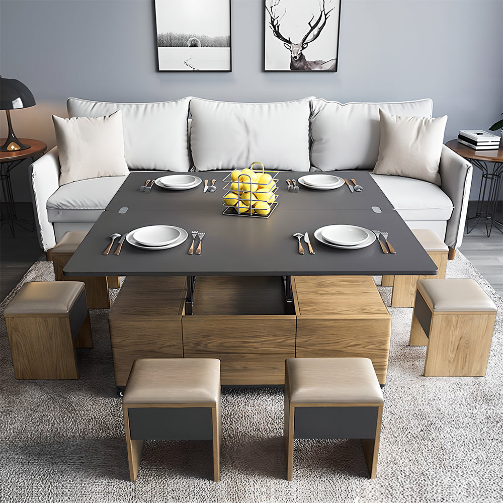 Eeeza Multi-Mode Lift-Top Coffee Table with Nested Stools & Hidden Storage