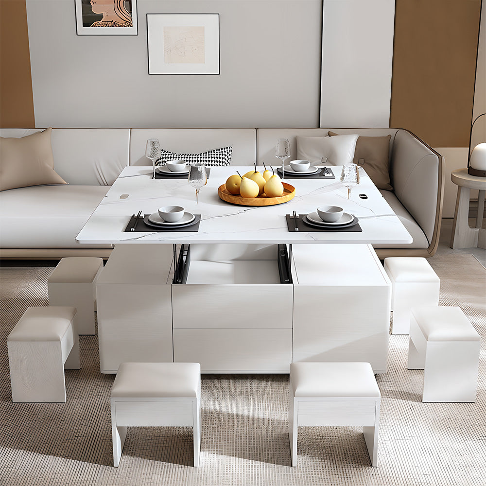 Eeeza Multi-Mode Lift-Top Coffee Table with Nested Stools & Hidden Storage
