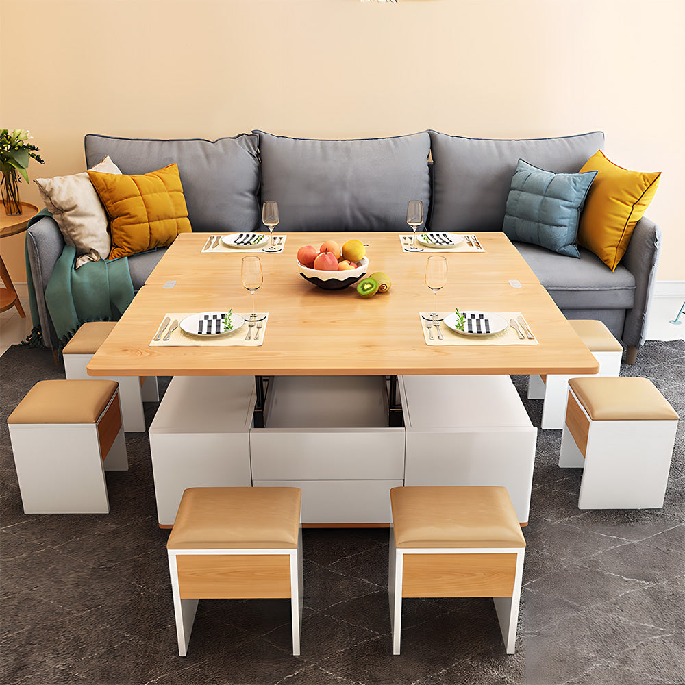 Eeeza Multi-Mode Lift-Top Coffee Table with Nested Stools & Hidden Storage