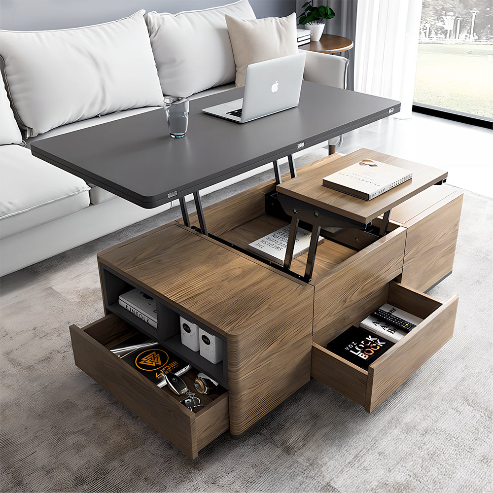Eeeza Multi-Mode Lift-Top Coffee Table with Nested Stools & Hidden Storage