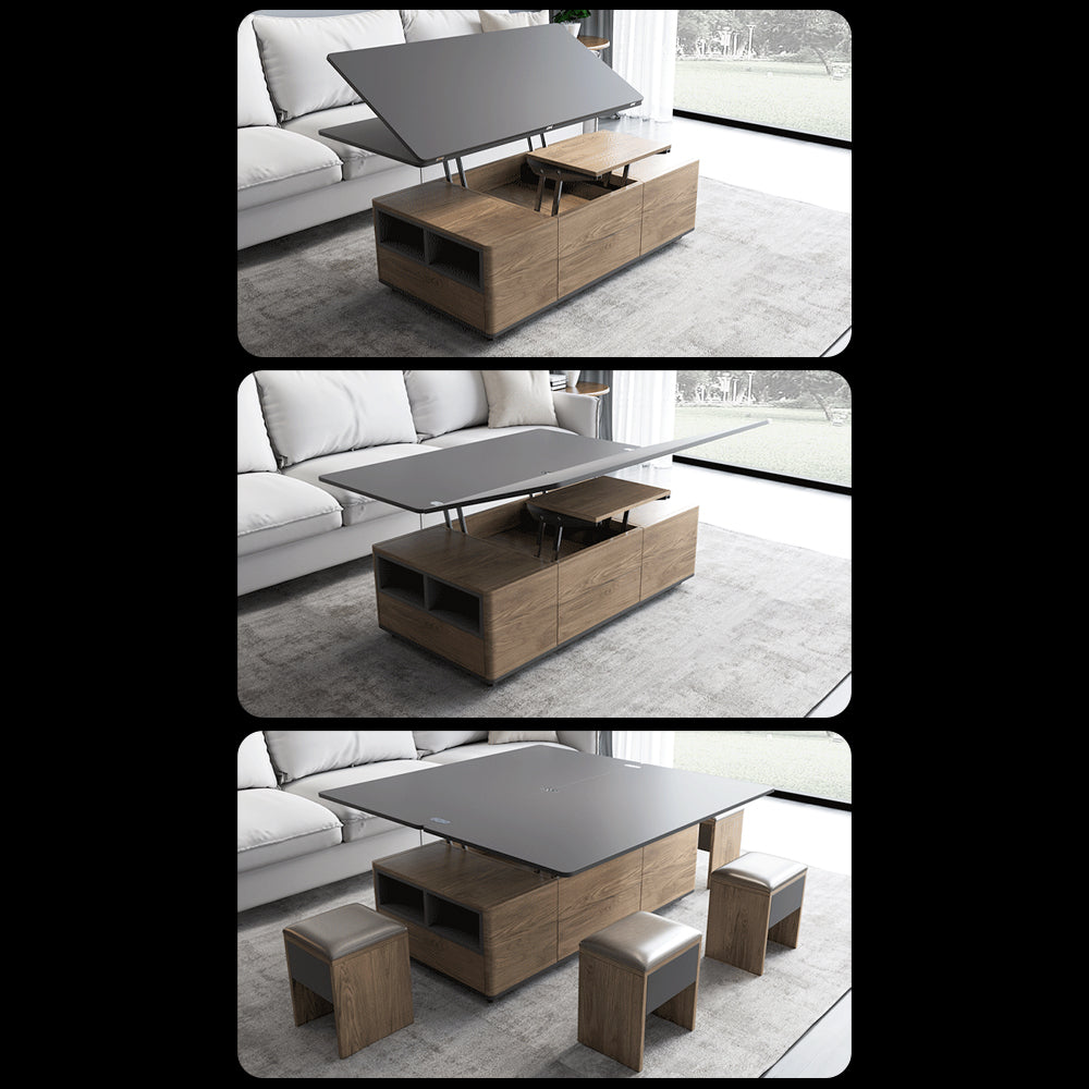 Eeeza Multi-Mode Lift-Top Coffee Table with Nested Stools & Hidden Storage