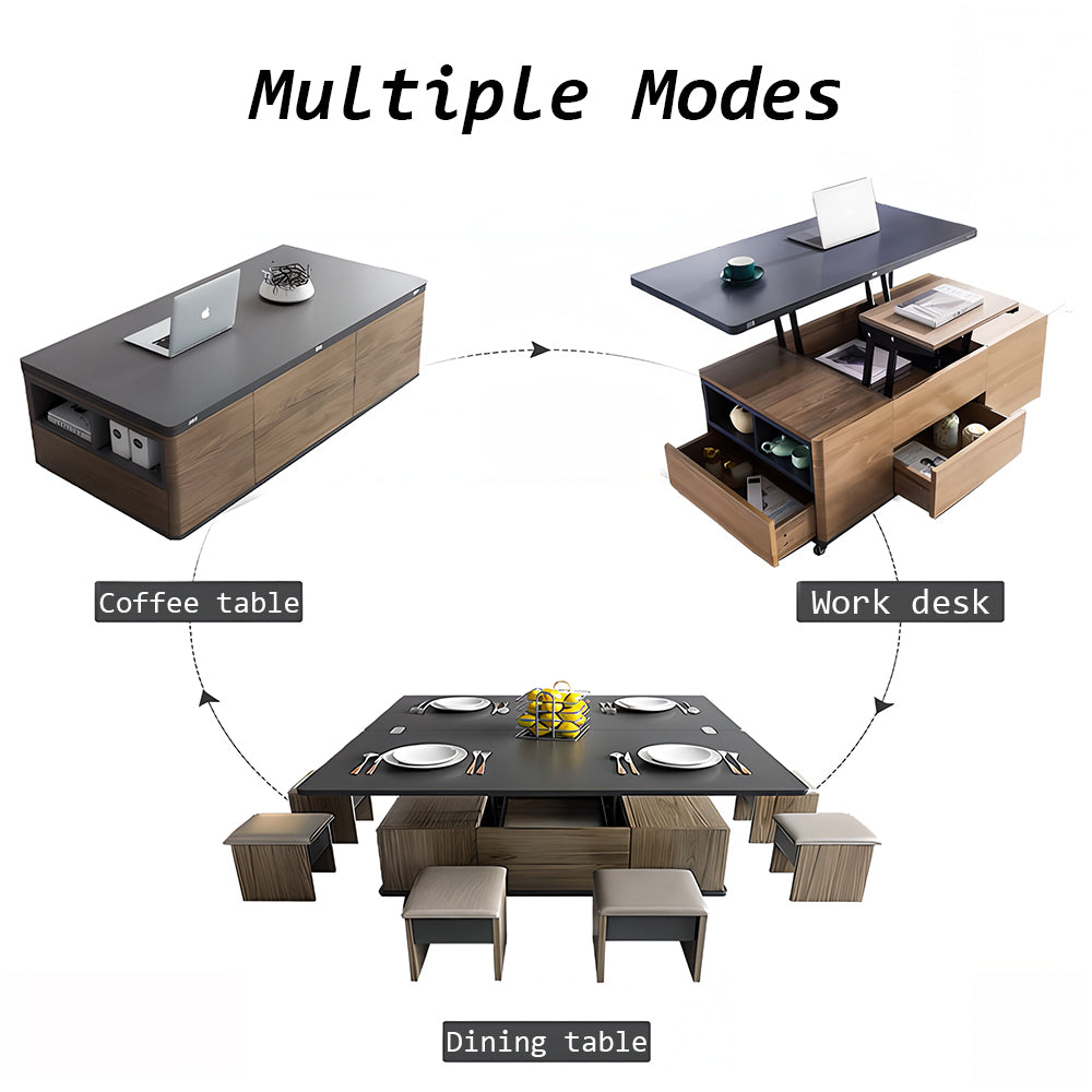 Eeeza Multi-Mode Lift-Top Coffee Table with Nested Stools & Hidden Storage