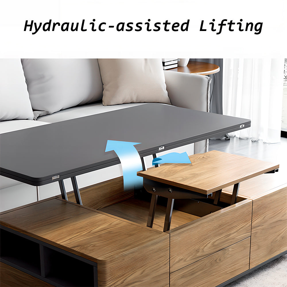 Eeeza Multi-Mode Lift-Top Coffee Table with Nested Stools & Hidden Storage