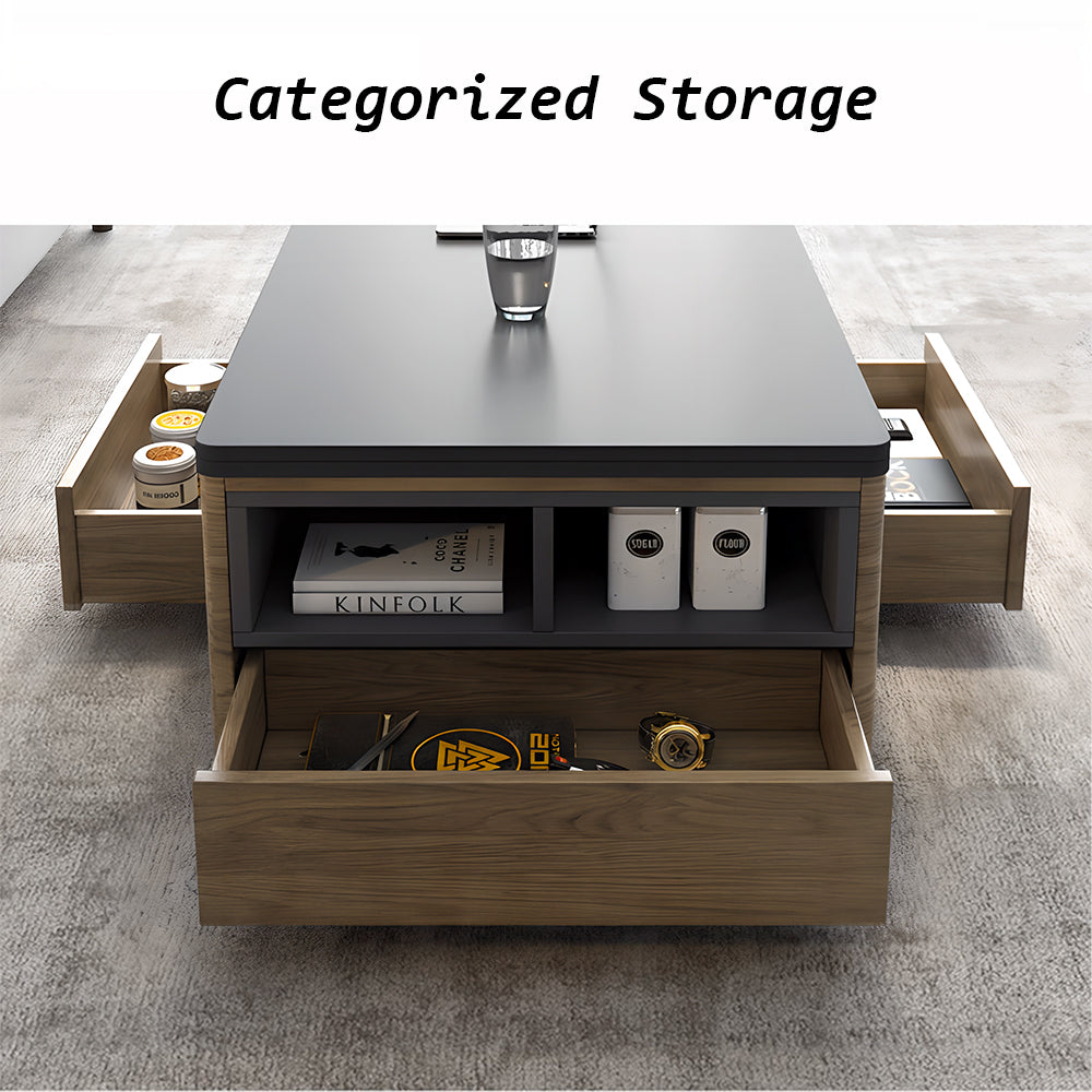 Eeeza Multi-Mode Lift-Top Coffee Table with Nested Stools & Hidden Storage