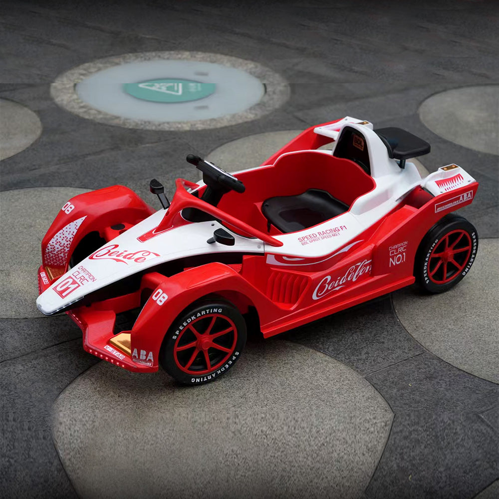 Eeeza 12V 7Ah Dual Drive Electric Go-Kart for Kids with Remote, MP3, and LED Lights