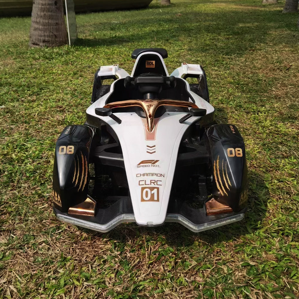 Eeeza 12V 7Ah Dual Drive Electric Go-Kart for Kids with Remote, MP3, and LED Lights