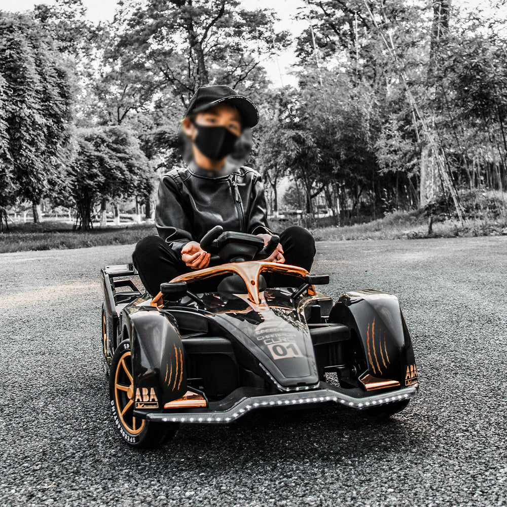 Eeeza 12V 7Ah Dual Drive Electric Go-Kart for Kids with Remote, MP3, and LED Lights