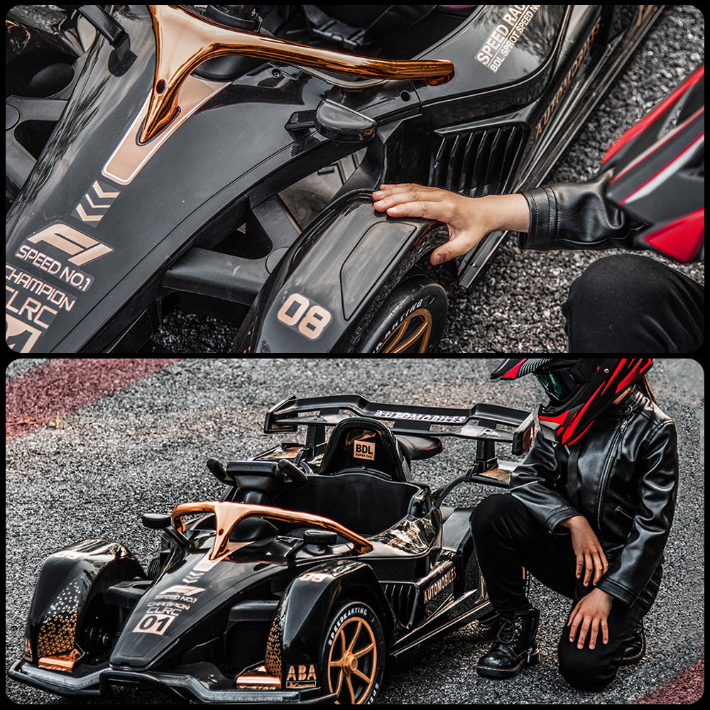 Eeeza 12V 7Ah Dual Drive Electric Go-Kart for Kids with Remote, MP3, and LED Lights