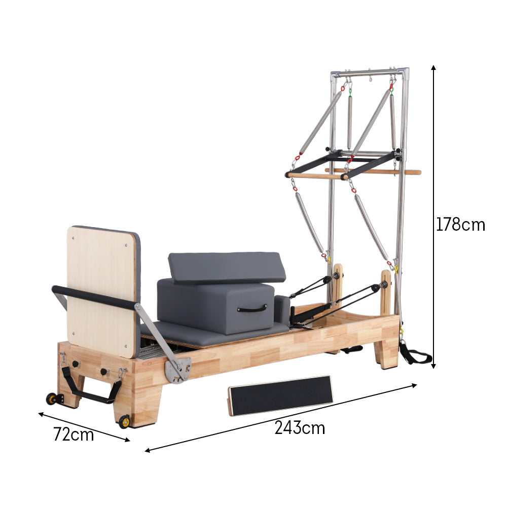 Eeeza Rubberwood Frame Pilates Reformer with Half Trapeze Table - Grey
