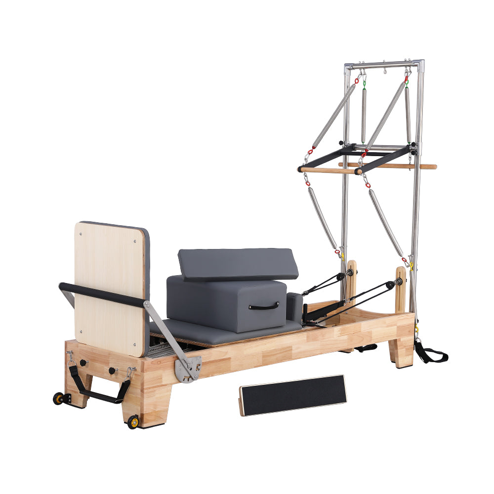 Eeeza Oak Wood Frame Pilates Reformer with Half Trapeze Table - Grey