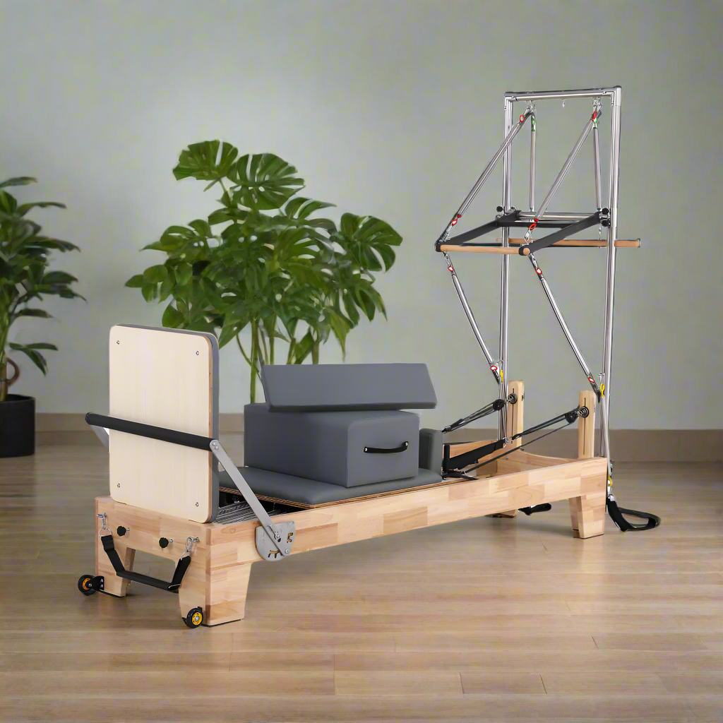 Eeeza Rubberwood Frame Pilates Reformer with Half Trapeze Table - Grey