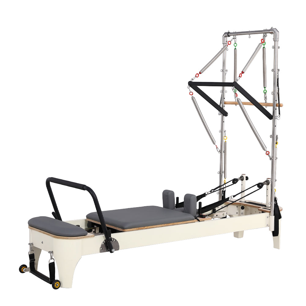 Eeeza Oak Wood Frame Pilates Reformer with Half Trapeze Table - Grey