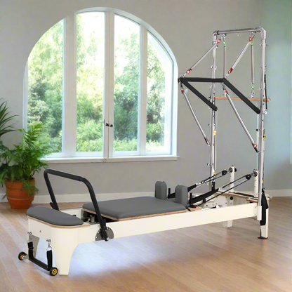 Eeeza Oak Wood Frame Pilates Reformer with Half Trapeze Table - Grey