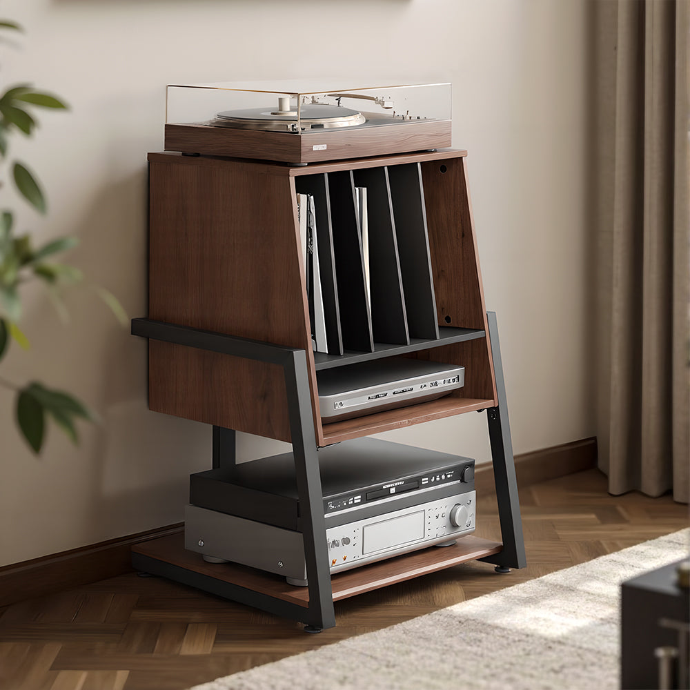 FITUEYES Vinyl Record Storage Cabinet – Retro-Inspired 2-Tier Stand for Records & Audio Gear