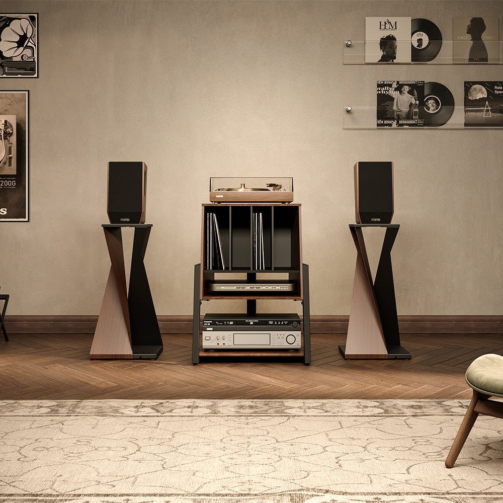 FITUEYES Vinyl Record Storage Cabinet – Retro-Inspired 2-Tier Stand for Records & Audio Gear