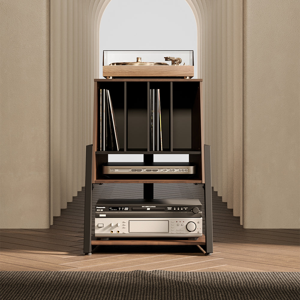 FITUEYES Vinyl Record Storage Cabinet – Retro-Inspired 2-Tier Stand for Records & Audio Gear