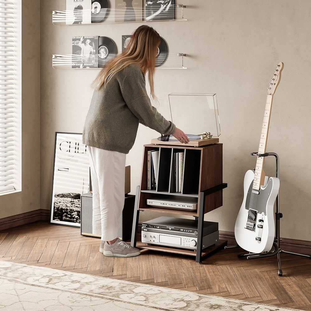 FITUEYES Vinyl Record Storage Cabinet – Retro-Inspired 2-Tier Stand for Records & Audio Gear