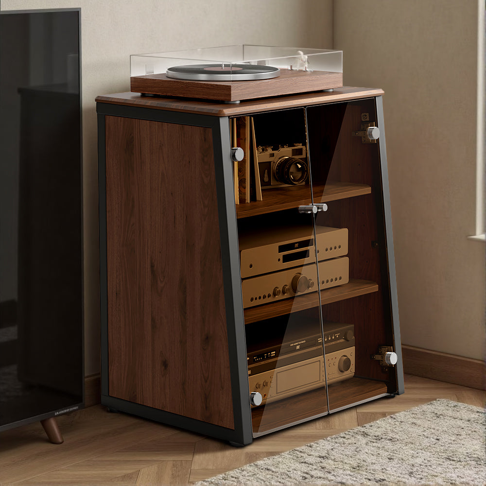 FITUEYES Industrial Audio Cabinet – Glass Door Media Rack with Adjustable Shelves & Cable Management