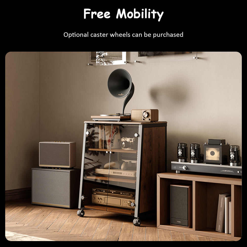 FITUEYES Industrial Audio Cabinet – Glass Door Media Rack with Adjustable Shelves & Cable Management