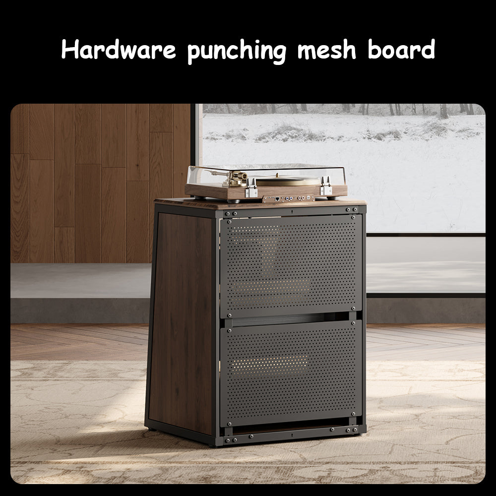 FITUEYES Industrial Audio Cabinet – Glass Door Media Rack with Adjustable Shelves & Cable Management