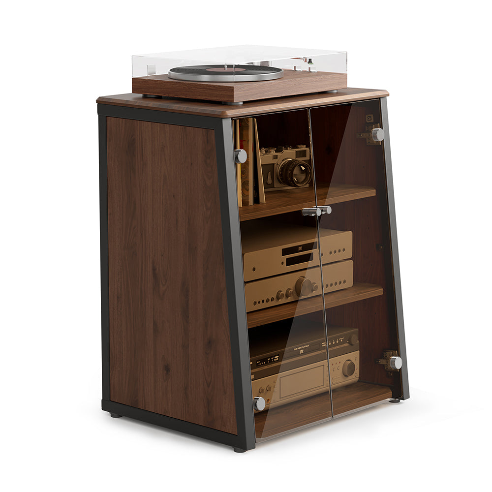 FITUEYES Industrial Audio Cabinet – Glass Door Media Rack with Adjustable Shelves & Cable Management