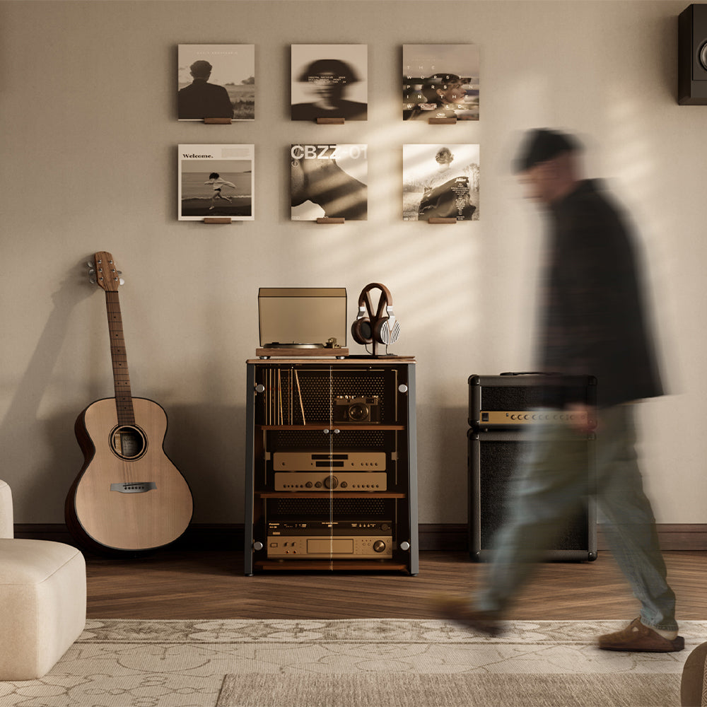 FITUEYES Industrial Audio Cabinet – Glass Door Media Rack with Adjustable Shelves & Cable Management