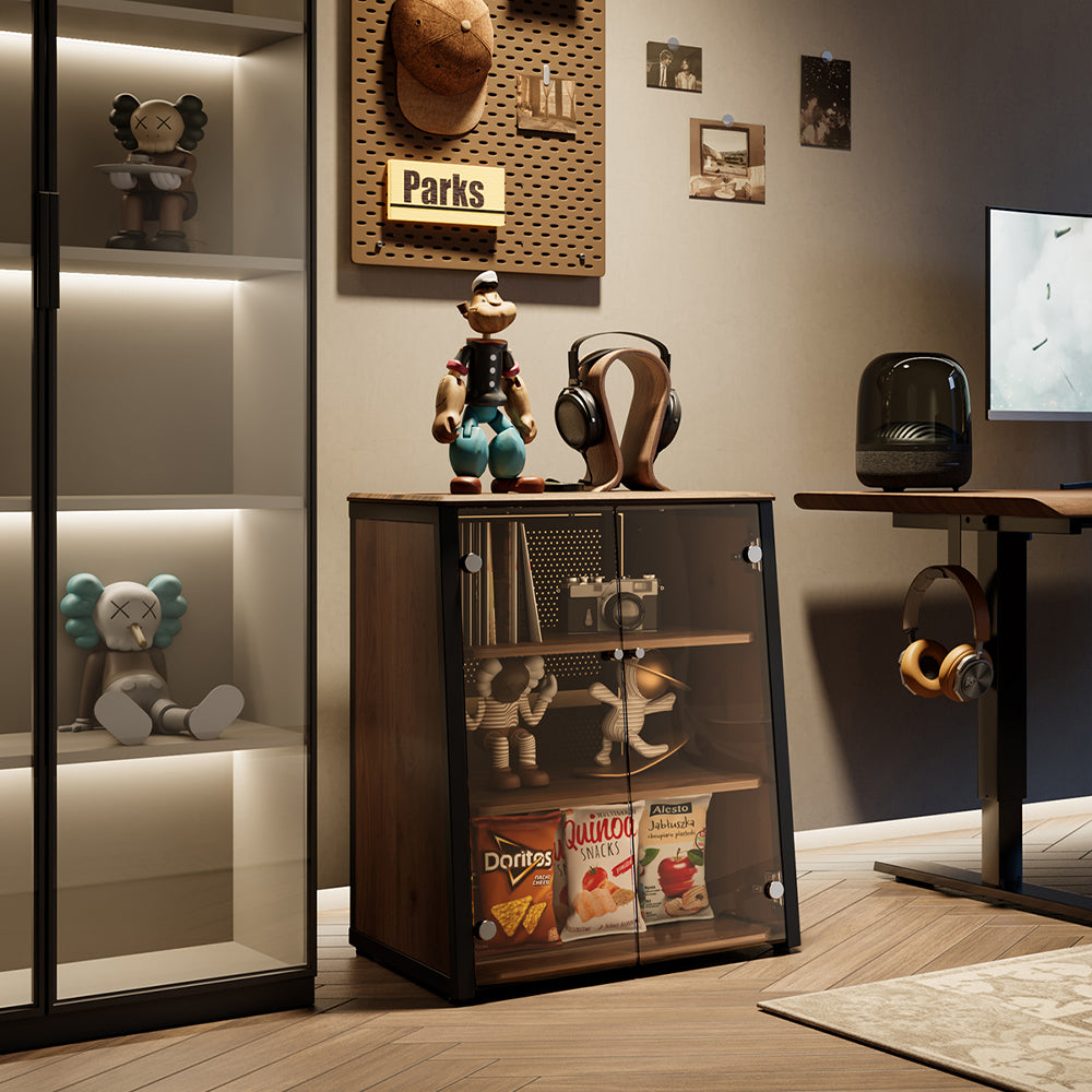 FITUEYES Industrial Audio Cabinet – Glass Door Media Rack with Adjustable Shelves & Cable Management