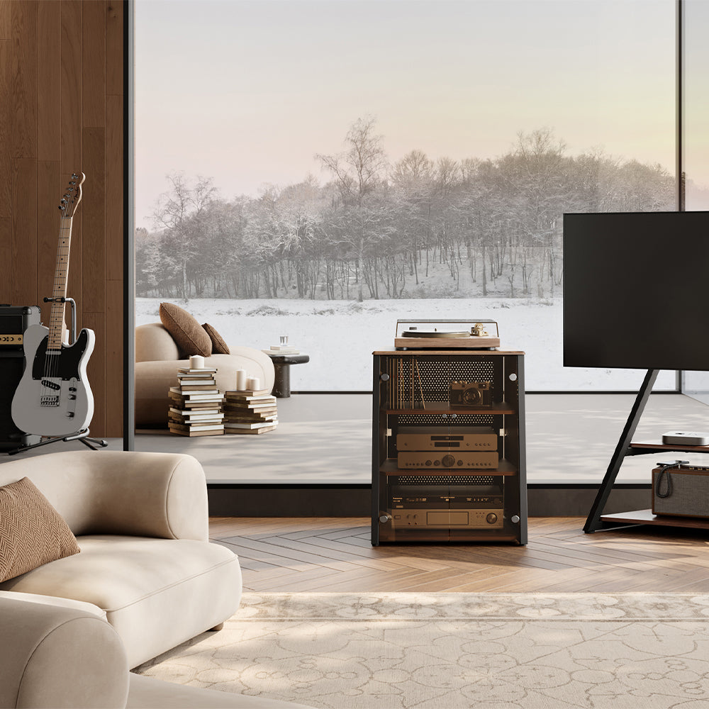 FITUEYES Industrial Audio Cabinet – Glass Door Media Rack with Adjustable Shelves & Cable Management