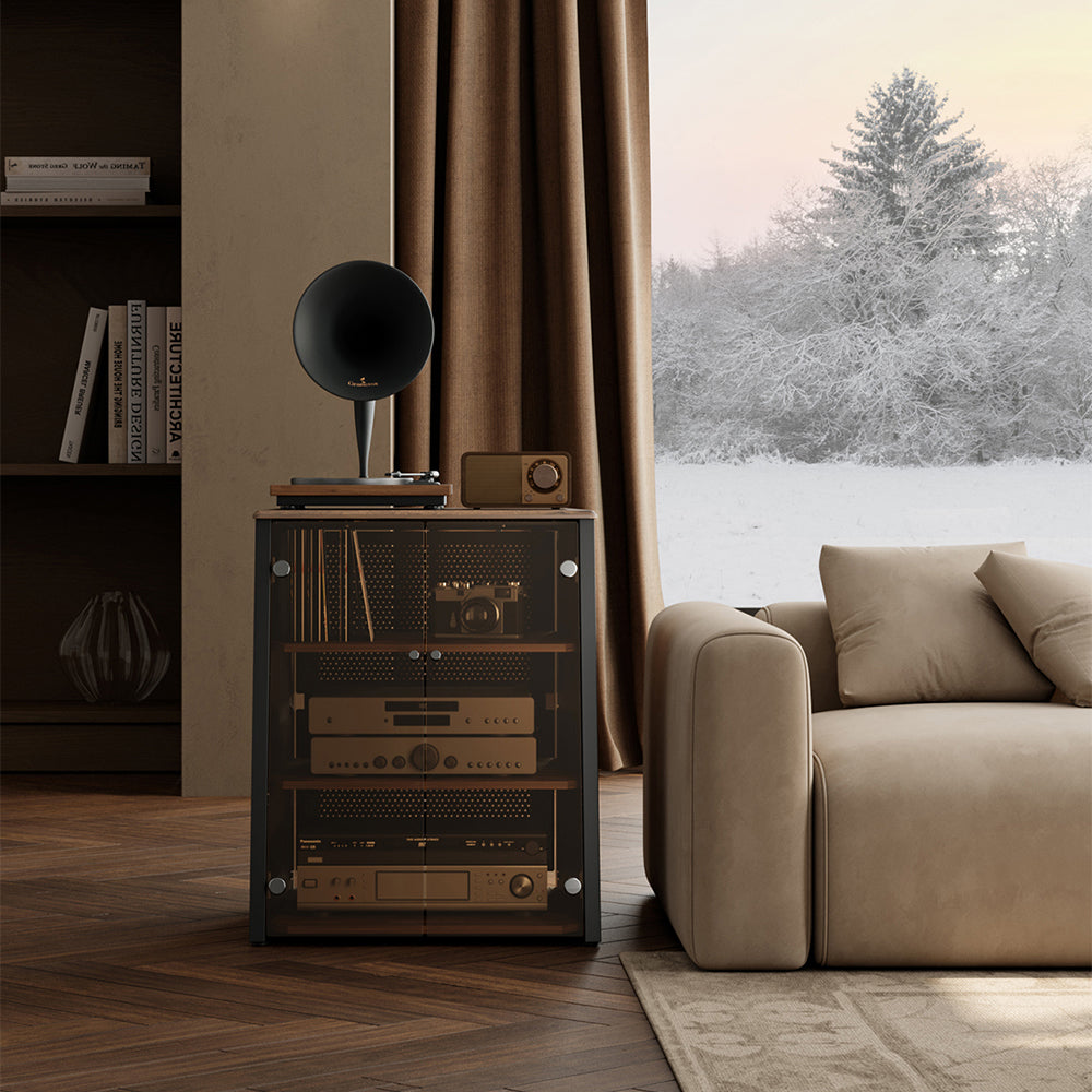 FITUEYES Industrial Audio Cabinet – Glass Door Media Rack with Adjustable Shelves & Cable Management