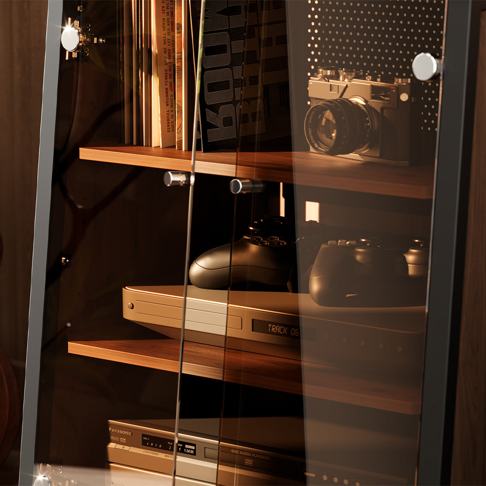 FITUEYES Industrial Audio Cabinet – Glass Door Media Rack with Adjustable Shelves & Cable Management