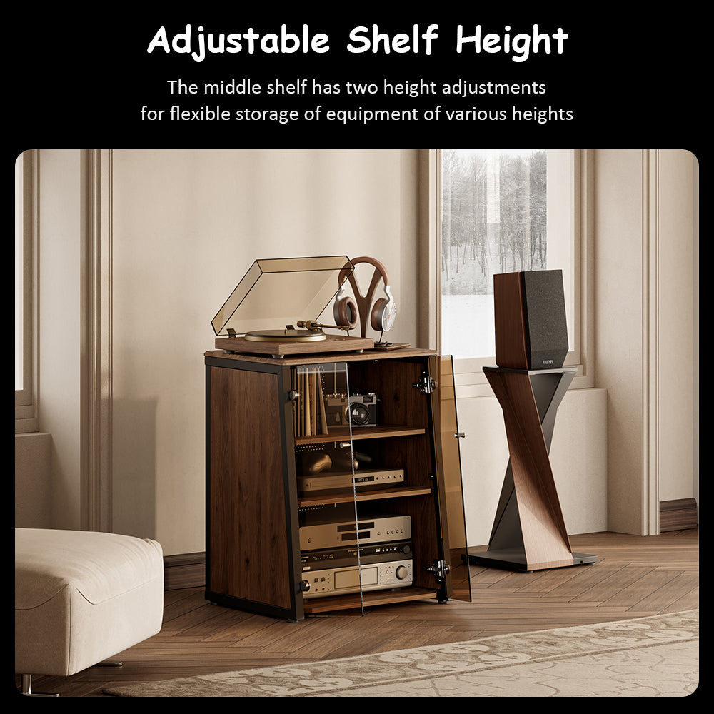 FITUEYES Industrial Audio Cabinet – Glass Door Media Rack with Adjustable Shelves & Cable Management