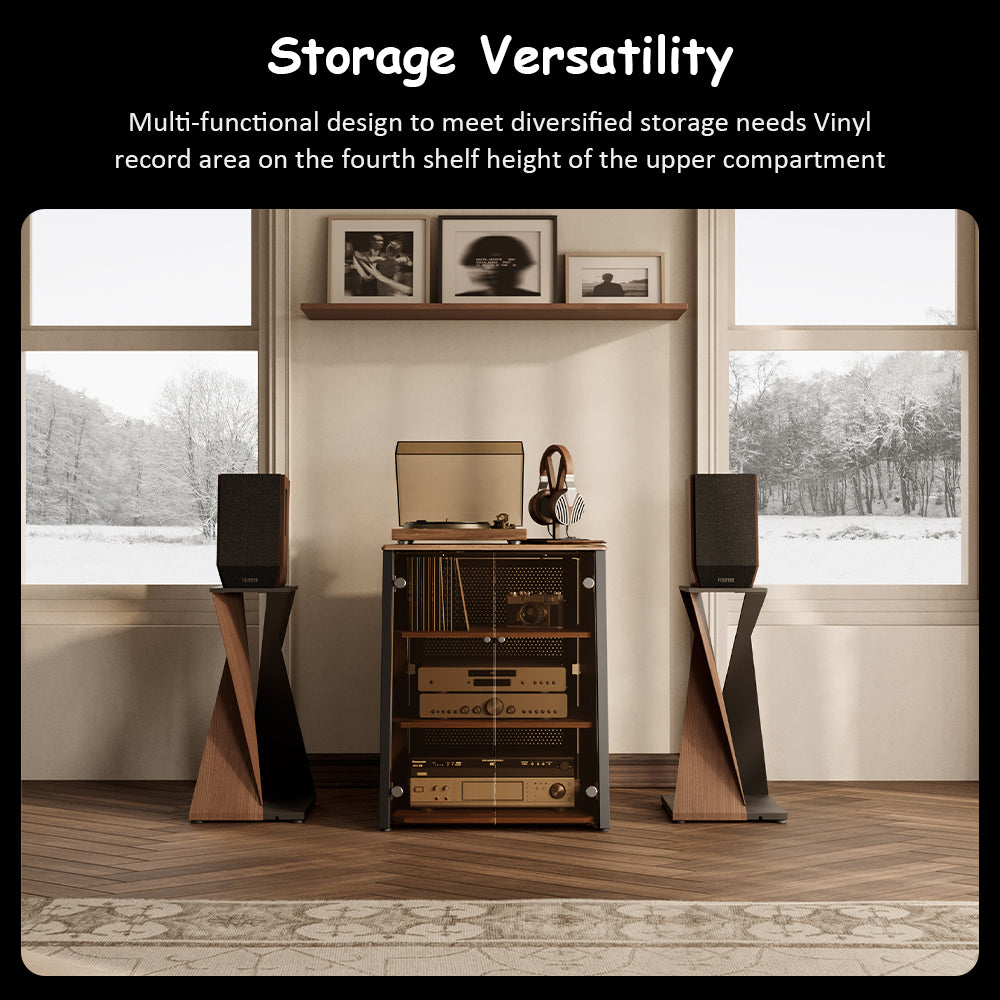 FITUEYES Industrial Audio Cabinet – Glass Door Media Rack with Adjustable Shelves & Cable Management