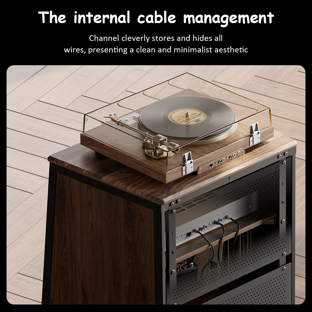 FITUEYES Industrial Audio Cabinet – Glass Door Media Rack with Adjustable Shelves & Cable Management