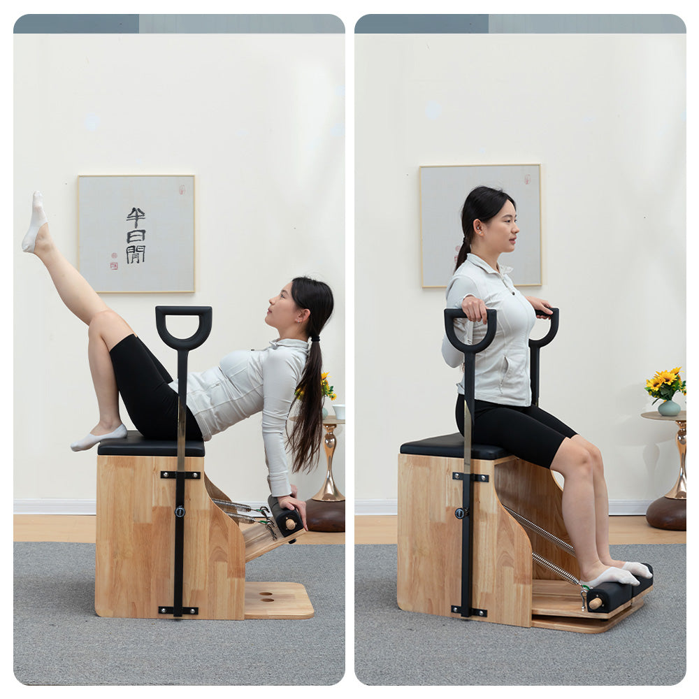 Eeeza Wooden Pilates Chair – Compact Dual Handle Wunda Chair with Rubberwood Frame