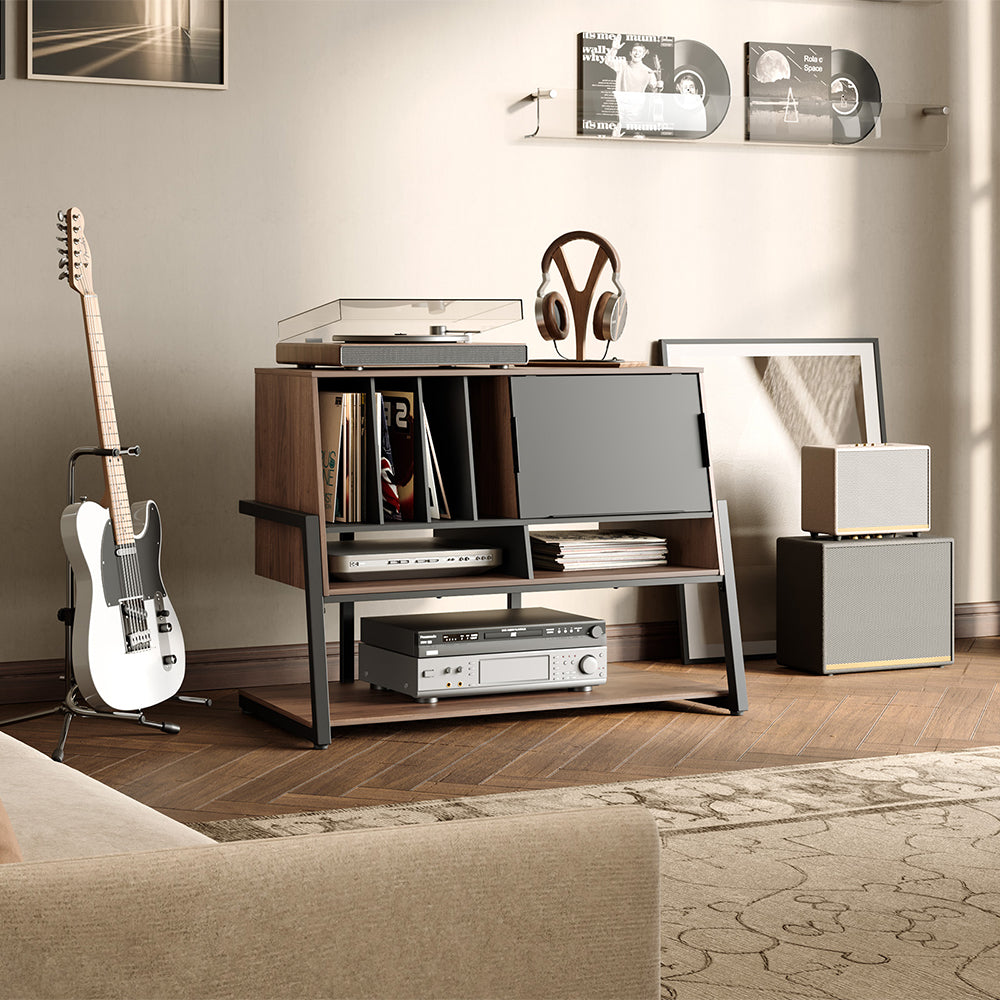 FITUEYES Walnut Media Storage Cabinet – Vintage Charm with Adjustable Shelves for Hi-Fi & Vinyl Setup