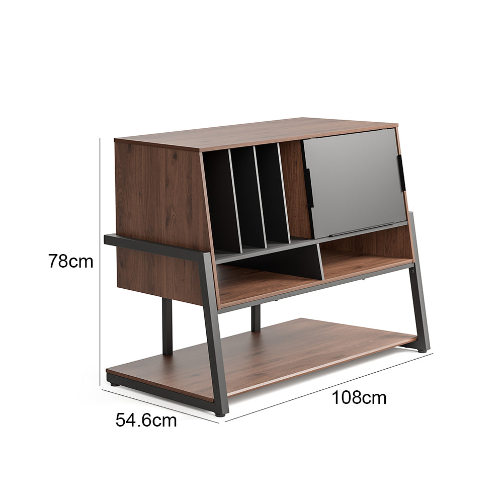 FITUEYES Walnut Media Storage Cabinet – Vintage Charm with Adjustable Shelves for Hi-Fi & Vinyl Setup