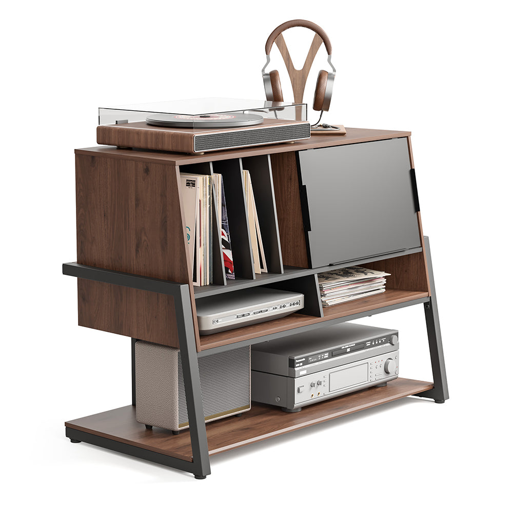 FITUEYES Walnut Media Storage Cabinet – Vintage Charm with Adjustable Shelves for Hi-Fi & Vinyl Setup