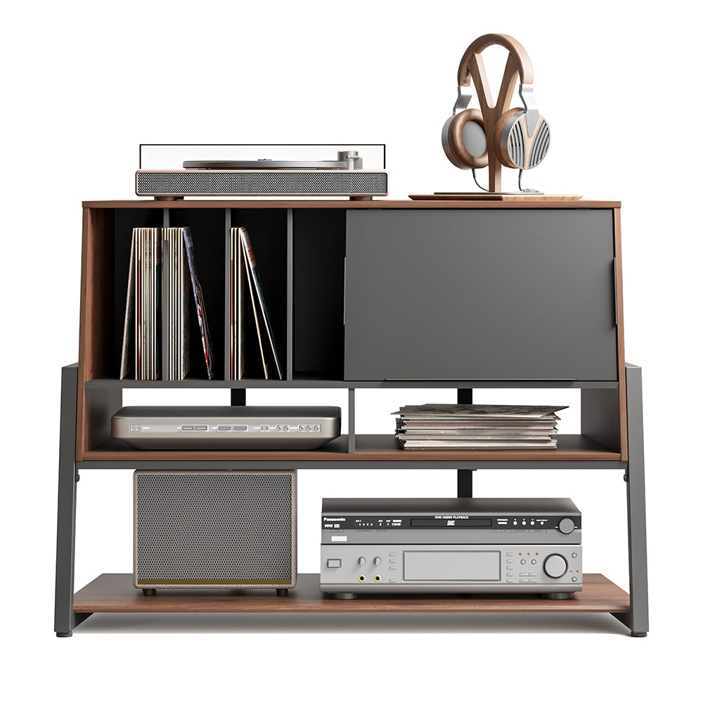 FITUEYES Walnut Media Storage Cabinet – Vintage Charm with Adjustable Shelves for Hi-Fi & Vinyl Setup