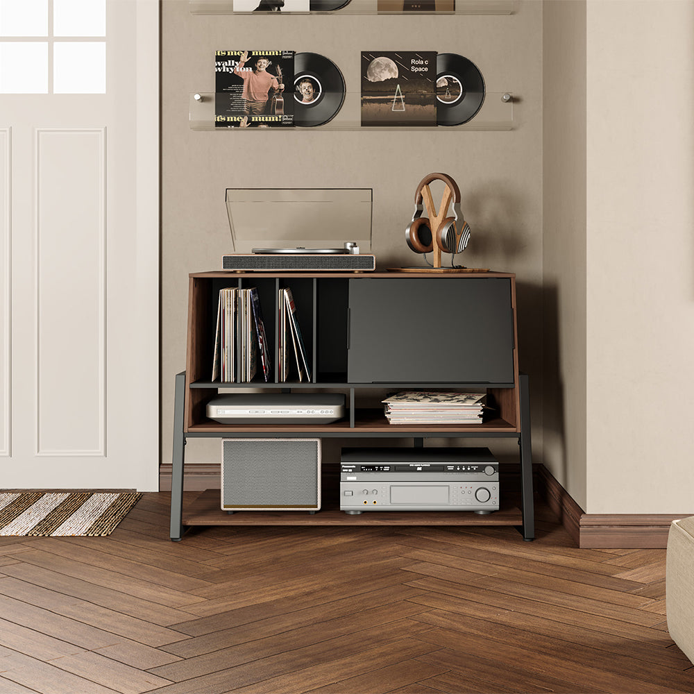 FITUEYES Walnut Media Storage Cabinet – Vintage Charm with Adjustable Shelves for Hi-Fi & Vinyl Setup