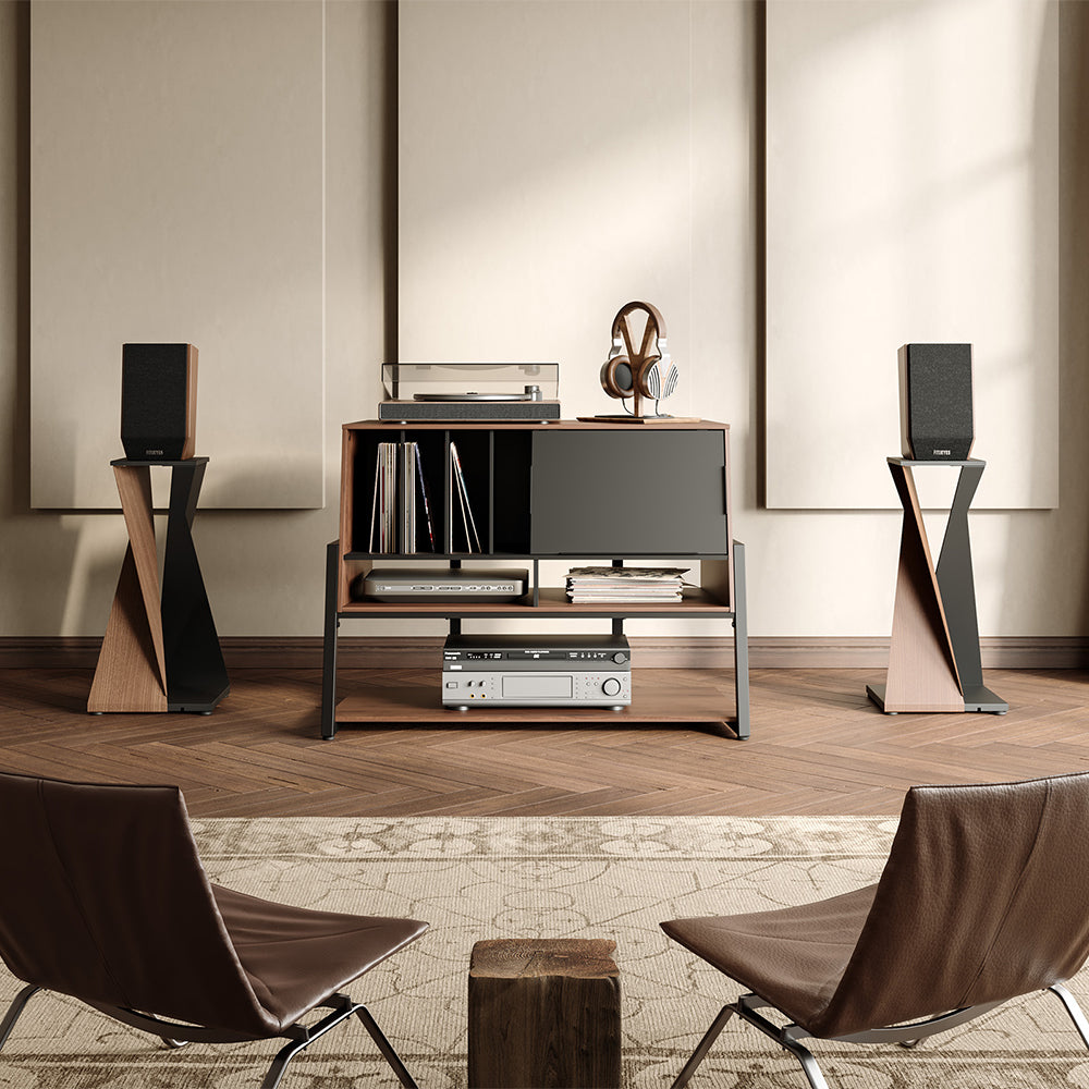 FITUEYES Walnut Media Storage Cabinet – Vintage Charm with Adjustable Shelves for Hi-Fi & Vinyl Setup