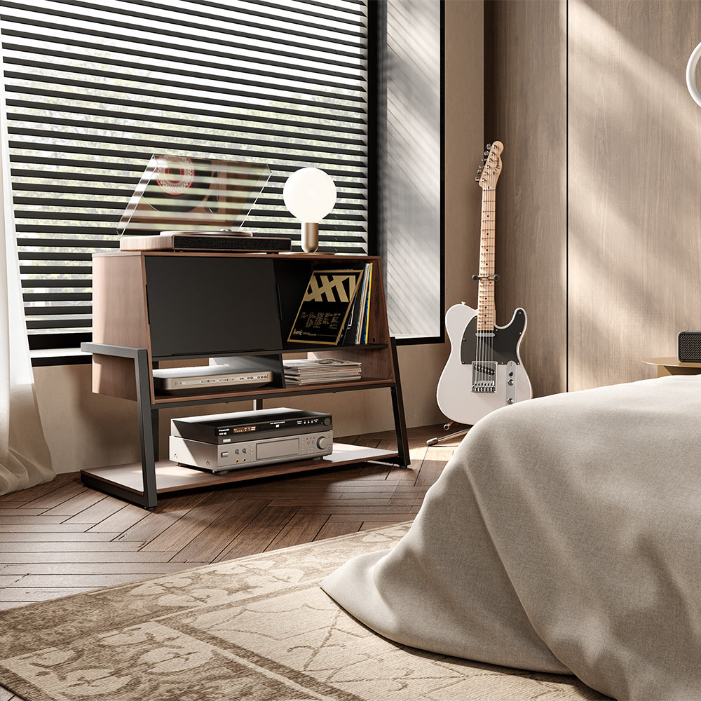FITUEYES Walnut Media Storage Cabinet – Vintage Charm with Adjustable Shelves for Hi-Fi & Vinyl Setup