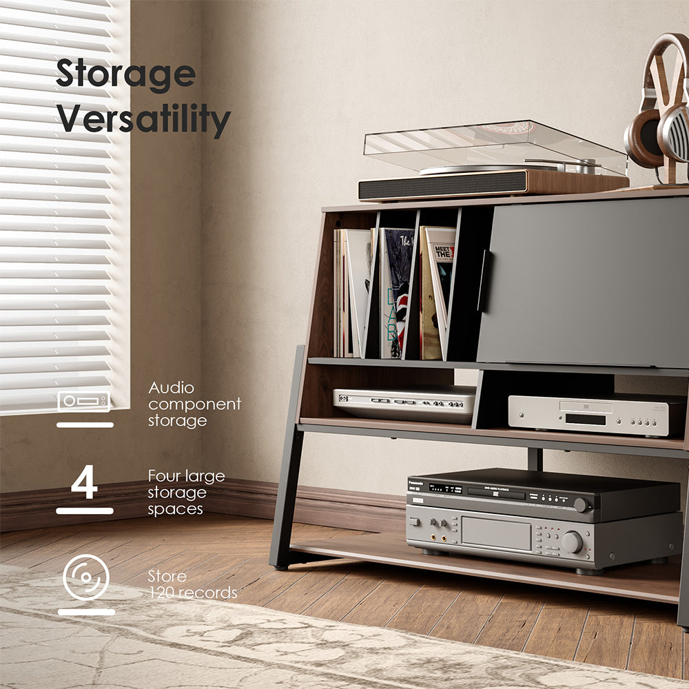 FITUEYES Walnut Media Storage Cabinet – Vintage Charm with Adjustable Shelves for Hi-Fi & Vinyl Setup