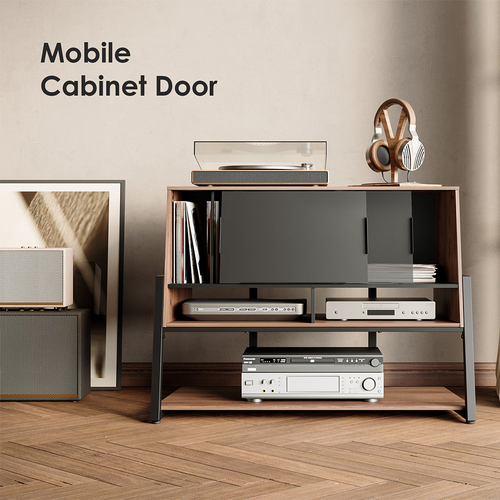FITUEYES Walnut Media Storage Cabinet – Vintage Charm with Adjustable Shelves for Hi-Fi & Vinyl Setup